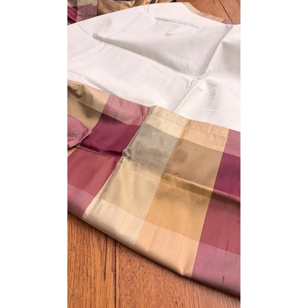 Pair Silk Plaid Drapery Panels Bronze Maroon Gold Cotton Lined 42x82